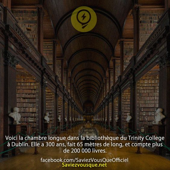 Voici la chambre longue dans la bibliothèque du Trinity College à Dublin. Elle a 300 ans, fait 65 mètres de long, et compte plus de 200 000 livres.