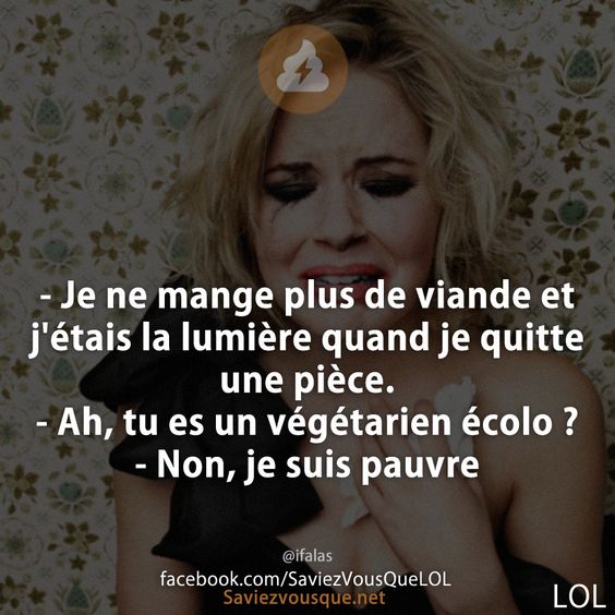- Je ne mange plus de viande et j&#039;étais la lumière quand je quitte une pièce.  - Ah, tu es un végétarien écolo ? - Non, je suis pauvre