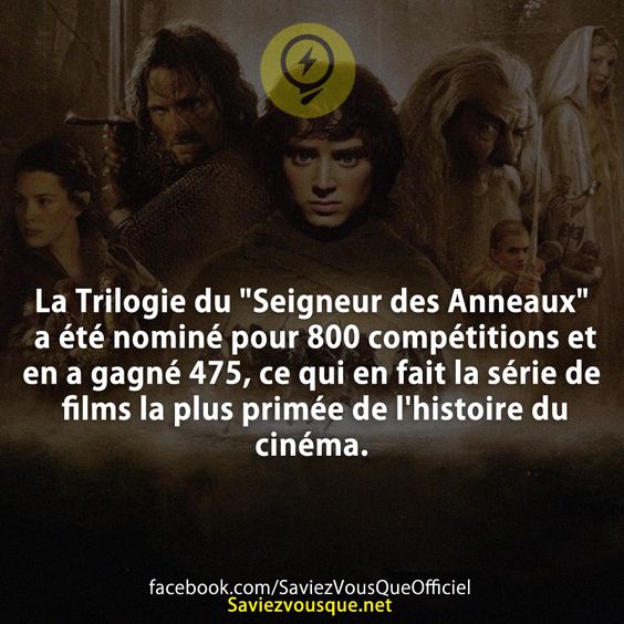 La Trilogie du &quot;Seigneur des Anneaux&quot; a été nominé pour 800 compétitions et en a gagné 475, ce qui en fait la série de films la plus primée de l&#039;histoire du cinéma.