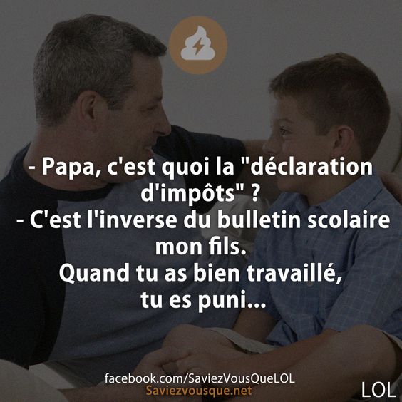 - Papa, c&#039;est quoi la &quot;déclaration d&#039;impôts&quot; ? - C&#039;est l&#039;inverse du bulletin scolaire mon fils. Quand tu as bien travaillé, tu es puni...
