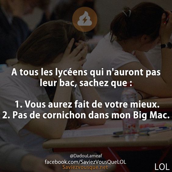 A tous les lycéens qui n'auront pas leur bac, sachez que : 1. Vous aurez fait de votre mieux. 2. Pas de cornichon dans mon Big Mac.
