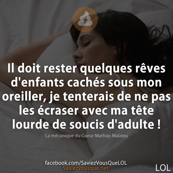Il doit rester quelques rêves d&#039;enfants cachés sous mon oreiller, je tenterais de ne pas les écraser avec ma tête lourde de soucis d&#039;adulte ! La mécanique du Coeur Mathias Malzieu