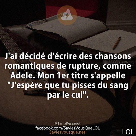 J&#039;ai décidé d&#039;écrire des chansons romantiques de rupture, comme Adele. Mon 1er titre s&#039;appelle &quot;J&#039;espère que tu pisses du sang par le cul&quot;.