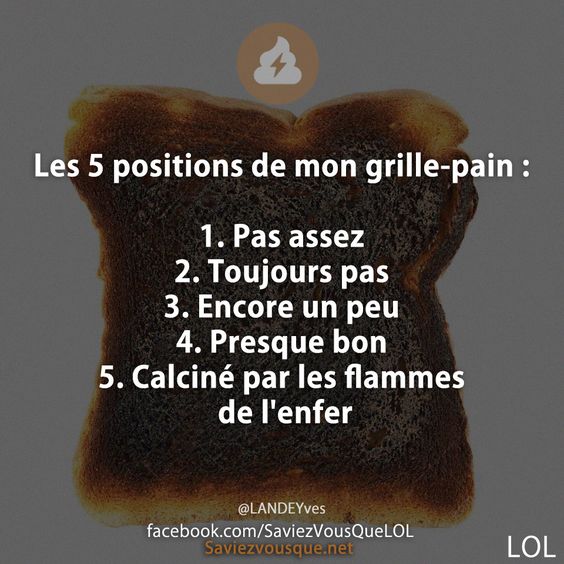 Les 5 positions de mon grille-pain :  1. Pas assez 2. Toujours pas 3. Encore un peu  4. Presque bon 5. Calciné par les flammes de l'enfer