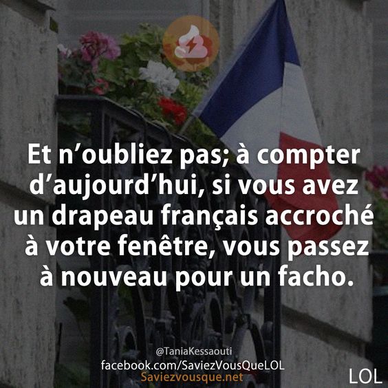Et n’oubliez pas; à compter d’aujourd’hui, si vous avez un drapeau français accroché à votre fenêtre, vous passez à nouveau pour un facho.