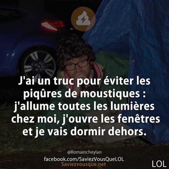 J&#039;ai un truc pour éviter les piqûres de moustiques : j&#039;allume toutes les lumières chez moi, j&#039;ouvre les fenêtres et je vais dormir dehors.