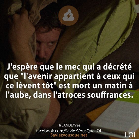 J&#039;espère que le mec qui a décrété que &quot;l&#039;avenir appartient à ceux qui ce lèvent tôt&quot; est mort un matin à l&#039;aube, dans l&#039;atroces souffrances.