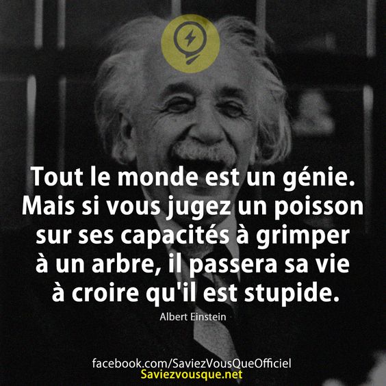 Tout le monde est un génie. Mais si vous jugez un poisson sur ses capacités à grimper à un arbre, il passera sa vie à croire qu&#039;il est stupide. Albert Einstein