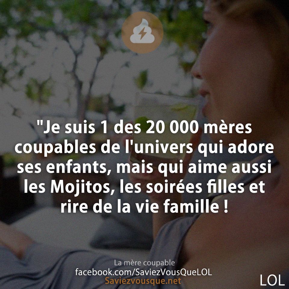 "Je suis 1 des 20 000 mères coupables de l'univers qui adore ses enfants, mais qui aime aussi les Mojitos, les soirées filles et rire de la vie famille !