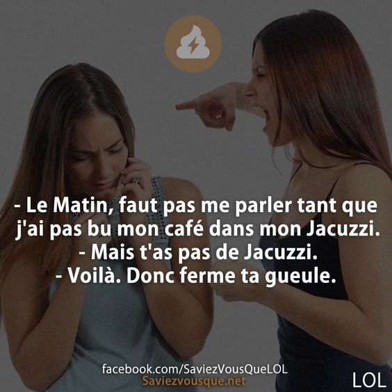 - Le Matin, faut pas me parler tant que j'ai pas bu mon café dans mon Jacuzzi. - Mais t'as pas de Jacuzzi.- Voilà. Donc ferme ta gueule.