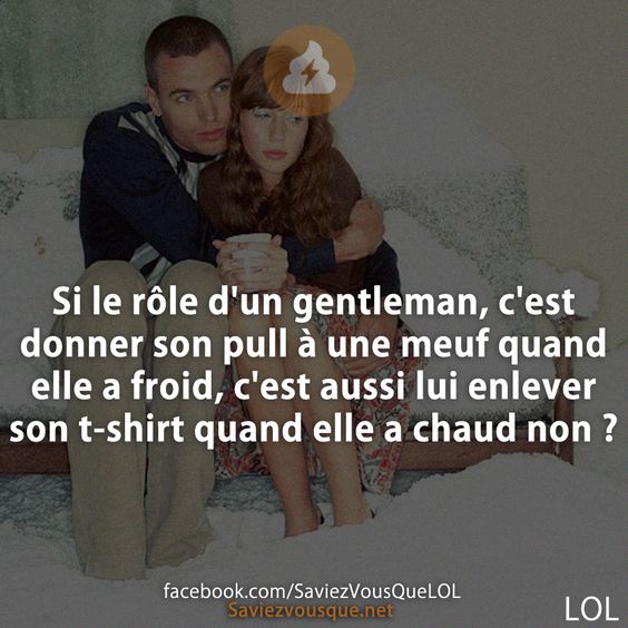 Si le rôle d&#039;un gentleman, c&#039;est donner son pull à une meuf quand elle a froid, c&#039;est aussi lui enlever son t-shirt quand elle a chaud non ?