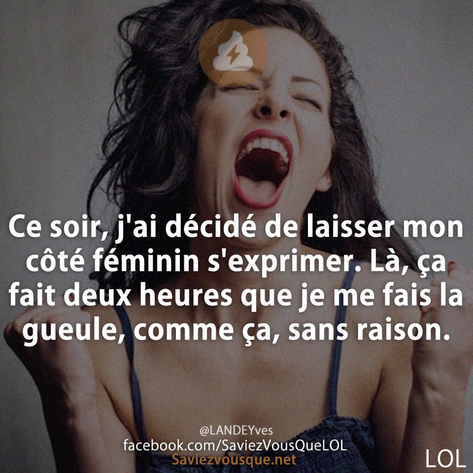 Ce soir, j&#039;ai décidé de laisser mon côté féminin s&#039;exprimer. Là, ça fait deux heures que je me fais la gueule, comme ça, sans raison.