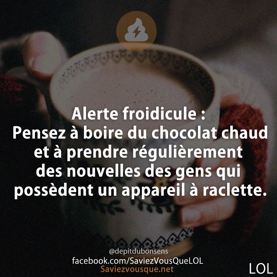 Alerte froidicule :  Pensez à boire du chocolat chaud et à prendre régulièrement des nouvelles des gens qui possèdent un appareil à raclette.