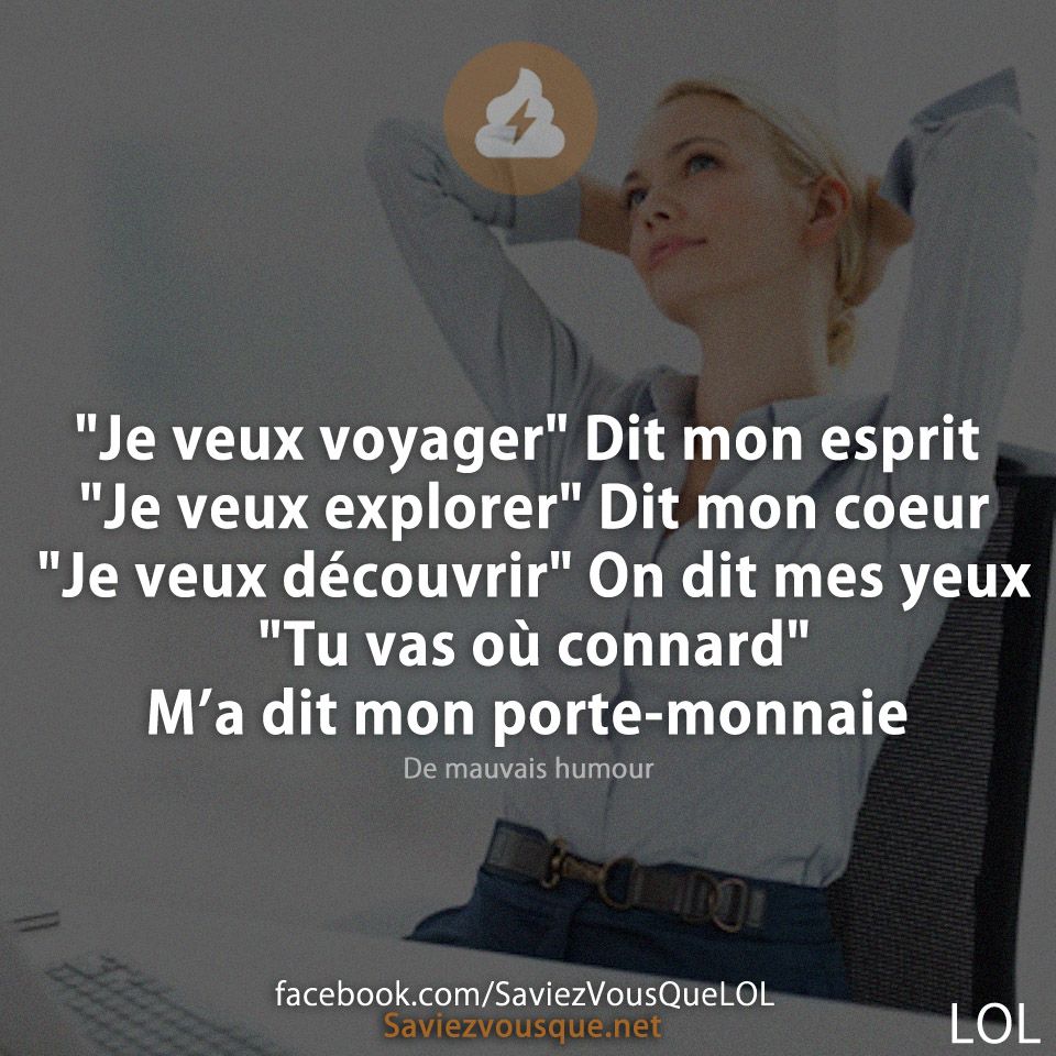 &quot;Je veux voyager&quot; Dit mon esprit &quot;Je veux explorer&quot; Dit mon coeur &quot;Je veux découvrir&quot; On dit mes yeux &quot;Tu vas où connard&quot; M’a dit mon porte-monnaie