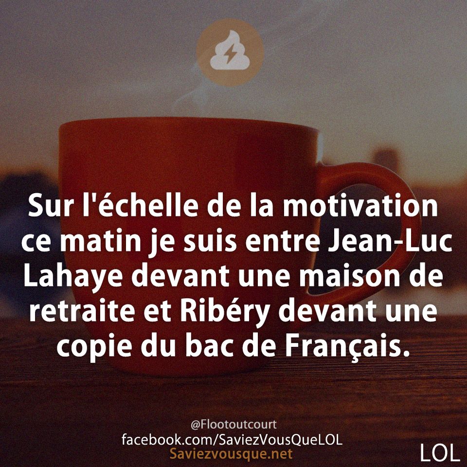 Sur l'échelle de la motivation ce matin je suis entre Jean-Luc Lahaye devant une maison de retraite et Ribéry devant une copie du bac de Français.