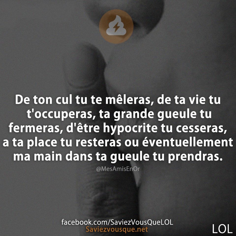 De ton cul tu te mêleras, de ta vie tu t&#039;occuperas, ta grande gueule tu fermeras, d&#039;être hypocrite tu cesseras, a ta place tu resteras ou éventuellement ma main dans ta gueule tu prendras.