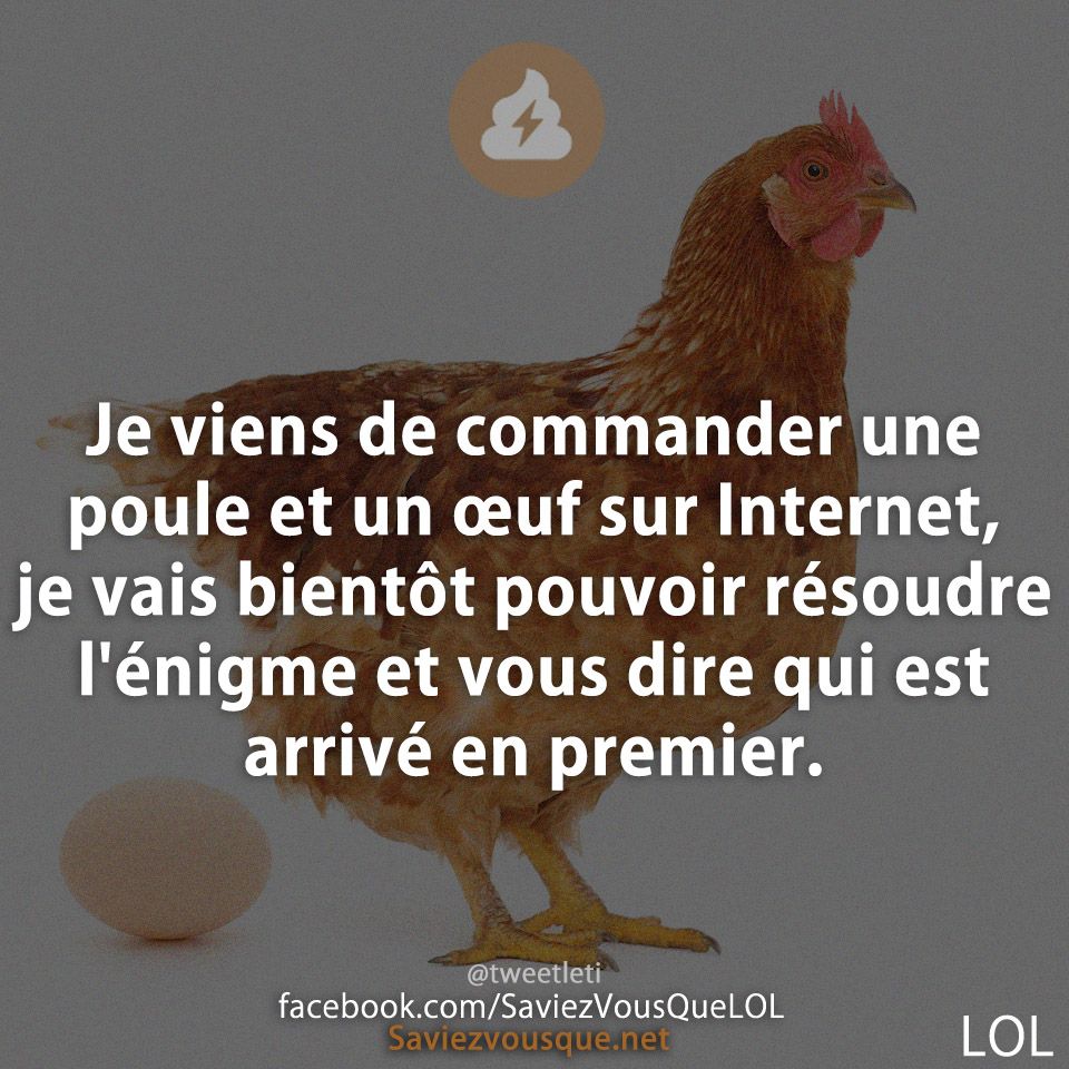 Je viens de commander une poule et un œuf sur Internet, je vais bientôt pouvoir résoudre l&#039;énigme et vous dire qui est arrivé en premier.