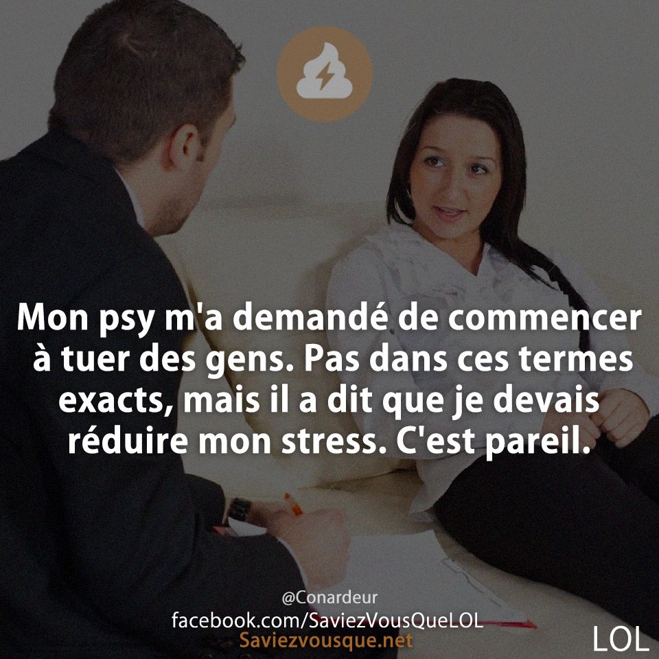 Mon psy m'a demandé de commencer à tuer des gens. Pas dans ces termes exacts, mais il a dit que je devais réduire mon stress. C'est pareil.