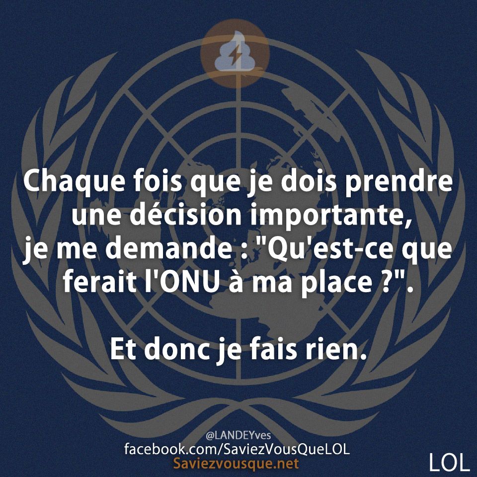 Chaque fois que je dois prendre une décision importante, je me demande : &quot;Qu&#039;est-ce que ferait l&#039;ONU à ma place ?&quot;.  Et donc je fais rien.
