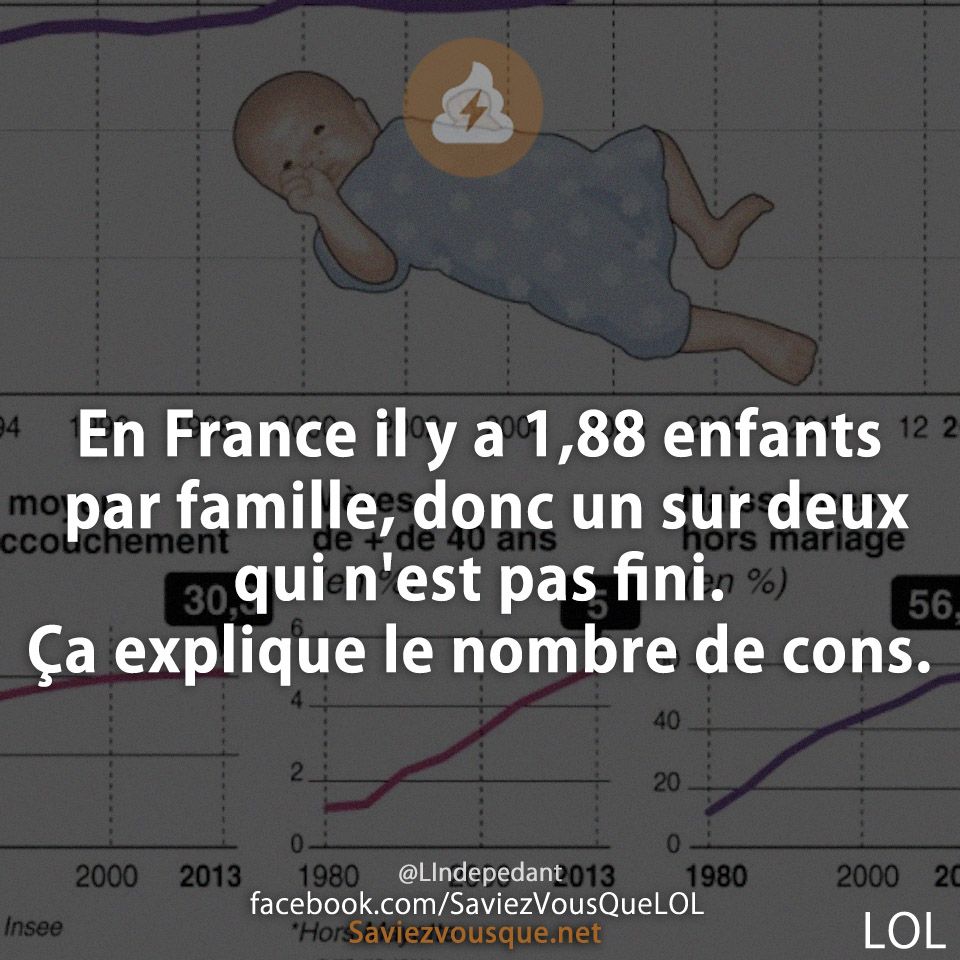En France il y a 1,88 enfants par famille, donc un sur deux qui n'est pas fini.  Ça explique le nombre de cons.