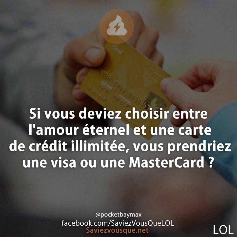 Si vous deviez choisir entre l&#039;amour éternel et une carte de crédit illimitée, vous prendriez une visa ou une MasterCard ?