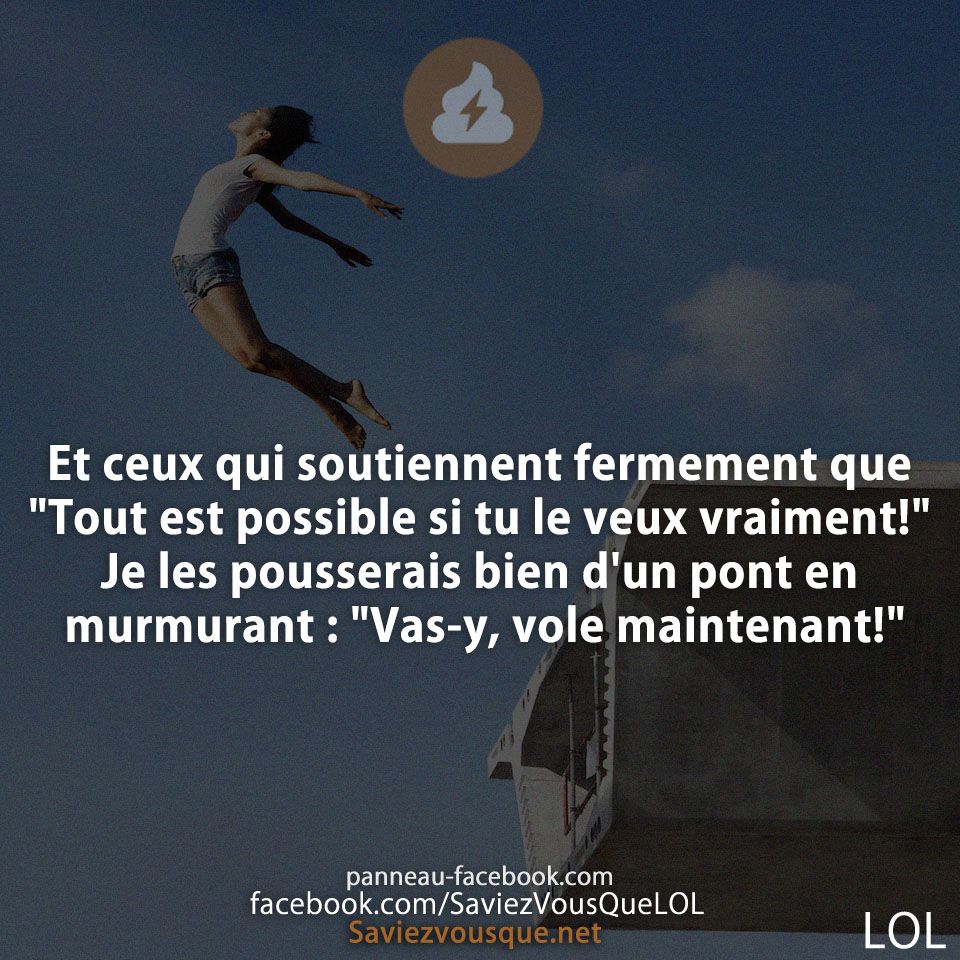 Et ceux qui soutiennent fermement que &quot;Tout est possible si tu le veux vraiment!&quot; Je les pousserais bien d&#039;un pont en murmurant : &quot;Vas-y, vole maintenant!&quot;