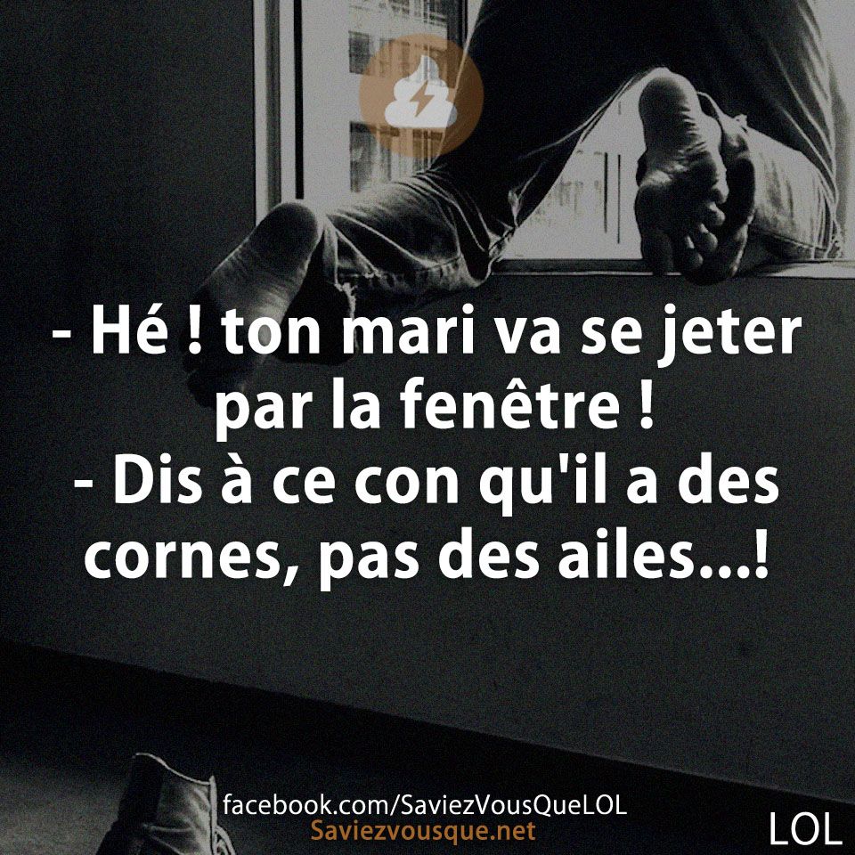 - Hé ! ton mari va se jeter par la fenêtre !  - Dis à ce con qu&#039;il a des cornes, pas des ailes...!