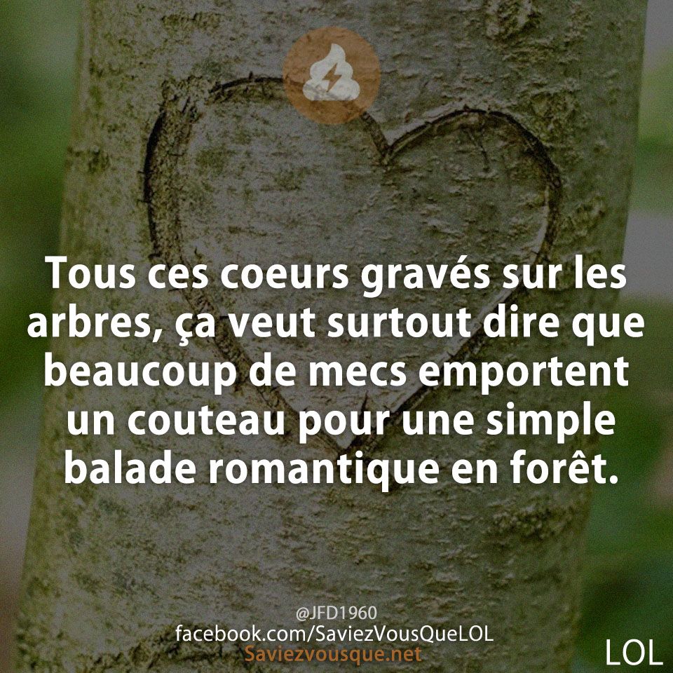 Tous ces coeurs gravés sur les arbres, ça veut surtout dire que beaucoup de mecs emportent un couteau pour une simple balade romantique en forêt.