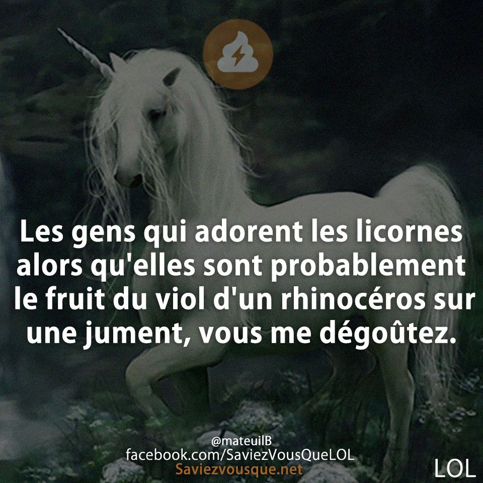 Les gens qui adorent les licornes alors qu&#039;elles sont probablement le fruit du viol d&#039;un rhinocéros sur une jument, vous me dégoûtez.
