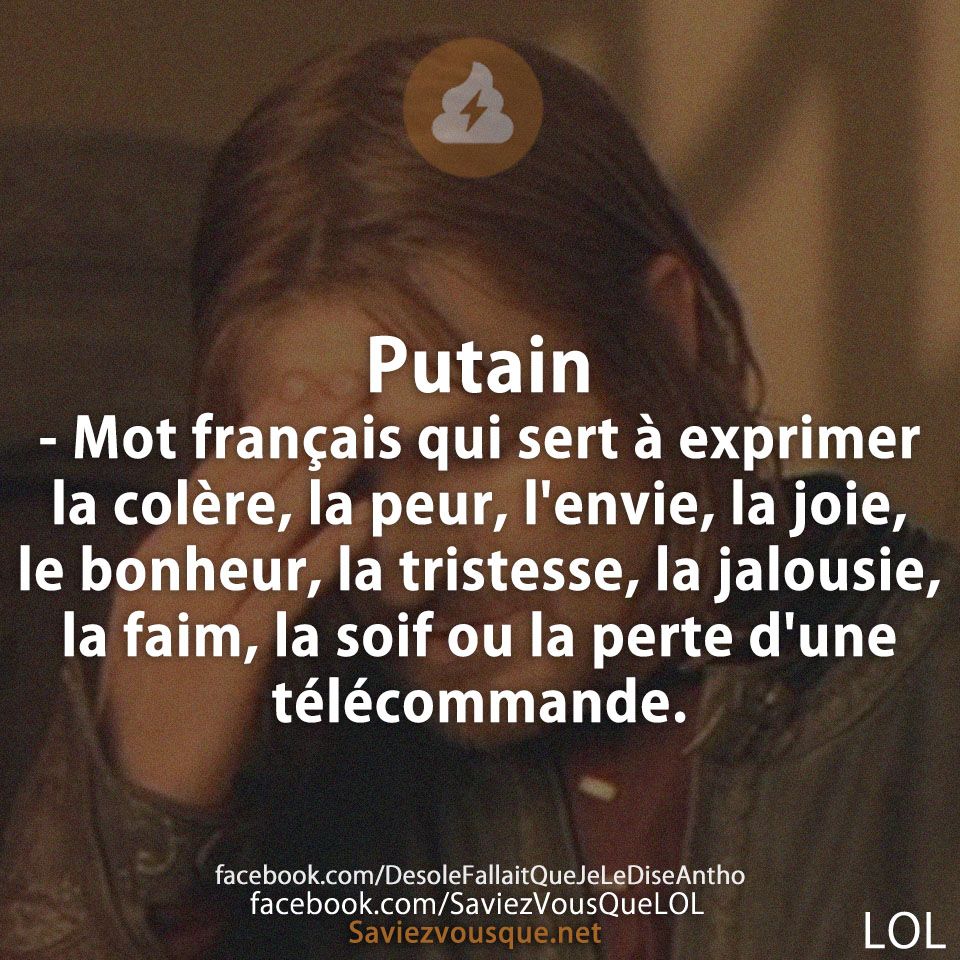 Putain - Mot français qui sert à exprimer la colère, la peur, l&#039;envie, la joie, le bonheur, la tristesse, la jalousie, la faim, la soif ou la perte d&#039;une télécommande.