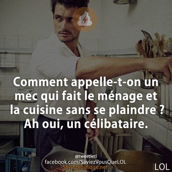 Comment appelle-t-on un mec qui fait le ménage et la cuisine sans se plaindre ? Ah oui, un célibataire.
