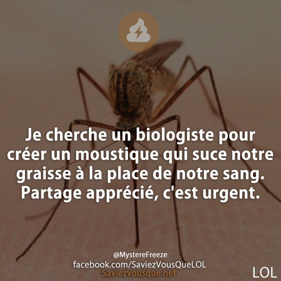 Je cherche un biologiste pour créer un moustique qui suce notre graisse à la place de notre sang. Partage apprécié, c&#039;est urgent.