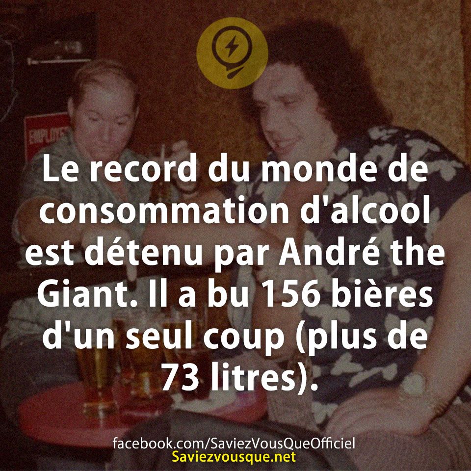 Le record du monde de consommation d'alcool est détenu par André the Giant. Il a bu 156 bières d'un seul coup (plus de 73 litres).