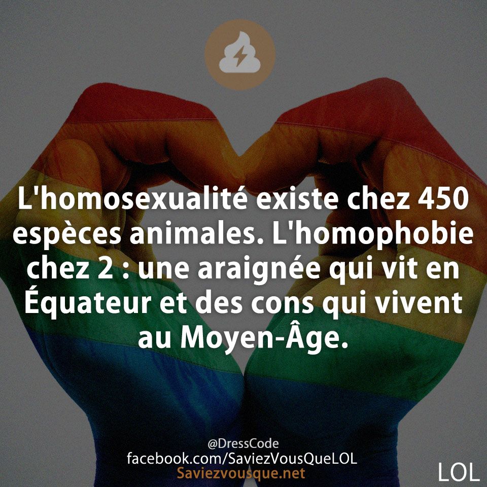 L&#039;homosexualité existe chez 450 espèces animales. L&#039;homophobie chez 2 : une araignée qui vit en Équateur et des cons qui vivent au Moyen-Âge.