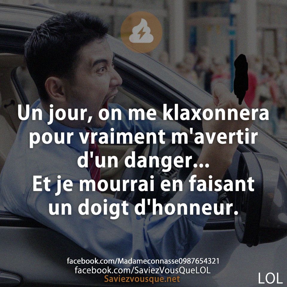 Un jour, on me klaxonnera pour vraiment m&#039;avertir d&#039;un danger... Et je mourrai en faisant un doigt d&#039;honneur.