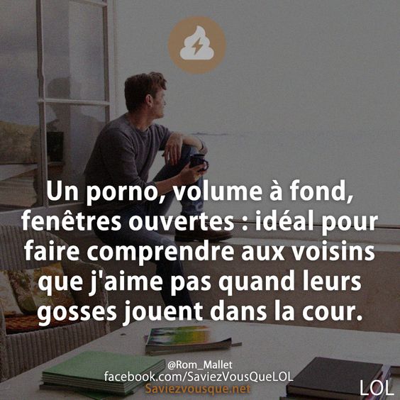 Un porno, volume à fond, fenêtres ouvertes : idéal pour faire comprendre aux voisins que j&#039;aime pas quand leurs gosses jouent dans la cour.