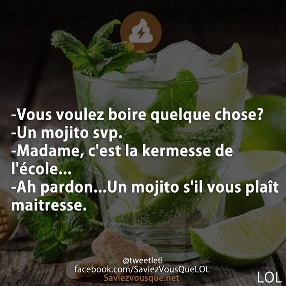 -Vous voulez boire quelque chose? -Un mojito svp. -Madame, c&#039;est la kermesse de l&#039;école... -Ah pardon...Un mojito s&#039;il vous plaît maitresse.