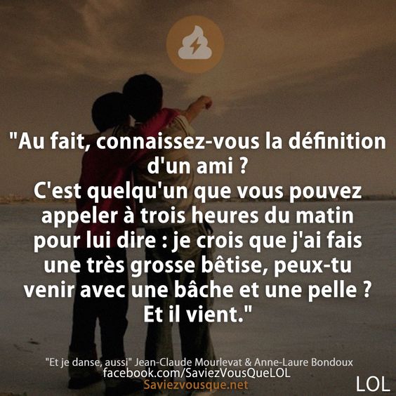 &quot;Au fait, connaissez-vous la définition d&#039;un ami ? C&#039;est quelqu&#039;un que vous pouvez appeler à trois heures du matin pour lui dire : je crois que j&#039;ai fais une très grosse bêtise, peux-tu venir avec une bâche et une pelle ? Et il vient.&quot;