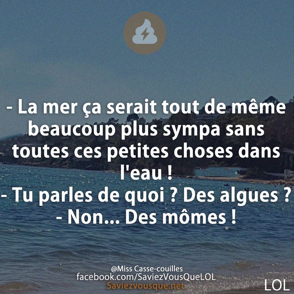 - La mer ça serait tout de même beaucoup plus sympa sans toutes ces petites choses dans l&#039;eau !  - Tu parles de quoi ? Des algues ? - Non... Des mômes !
