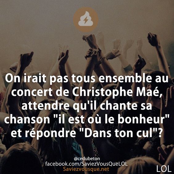 On irait pas tous ensemble au concert de Christophe Maé, attendre qu&#039;il chante sa chanson &quot;il est où le bonheur&quot; et répondre &quot;Dans ton cul&quot;?