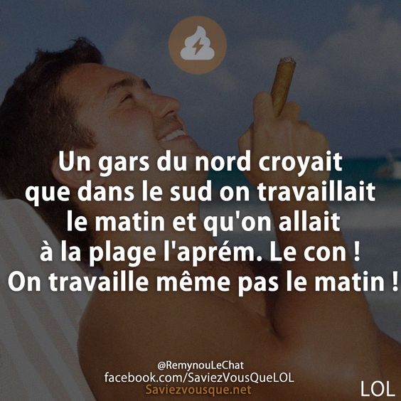 Un gars du nord croyait que dans le sud on travaillait le matin et qu&#039;on allait à la plage l&#039;aprém. Le con ! On travaille même pas le matin !