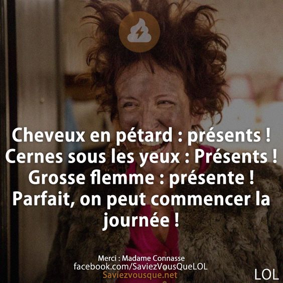 Cheveux en pétard : présents ! Cernes sous les yeux : Présents !  Grosse flemme : présente ! Parfait, on peut commencer la journée !