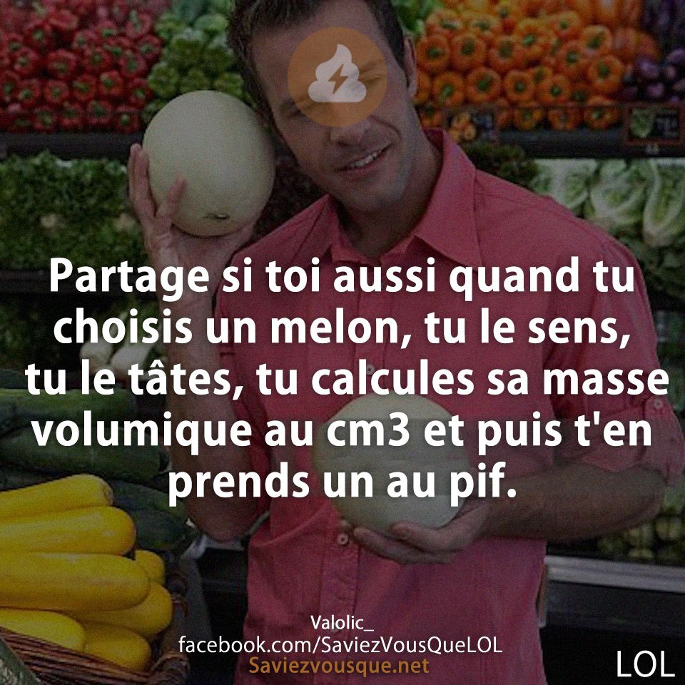 Partage si toi aussi quand tu choisis un melon, tu le sens, tu le tâtes, tu calcules sa masse volumique au cm3 et puis t&#039;en prends un au pif.