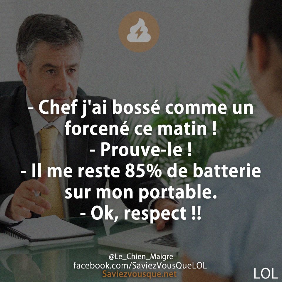 - Chef j&#039;ai bossé comme un forcené ce matin !  - Prouve-le !  - Il me reste 85% de batterie sur mon portable. - Ok, respect !!