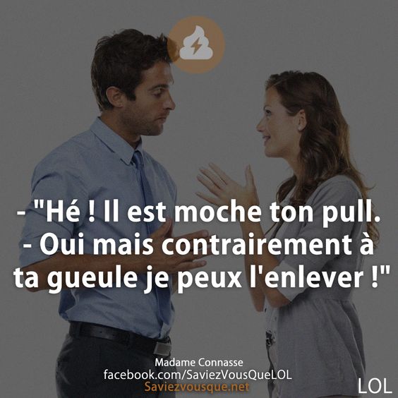- &quot;Hé ! Il est moche ton pull.  - Oui mais contrairement à ta gueule je peux l&#039;enlever !&quot;
