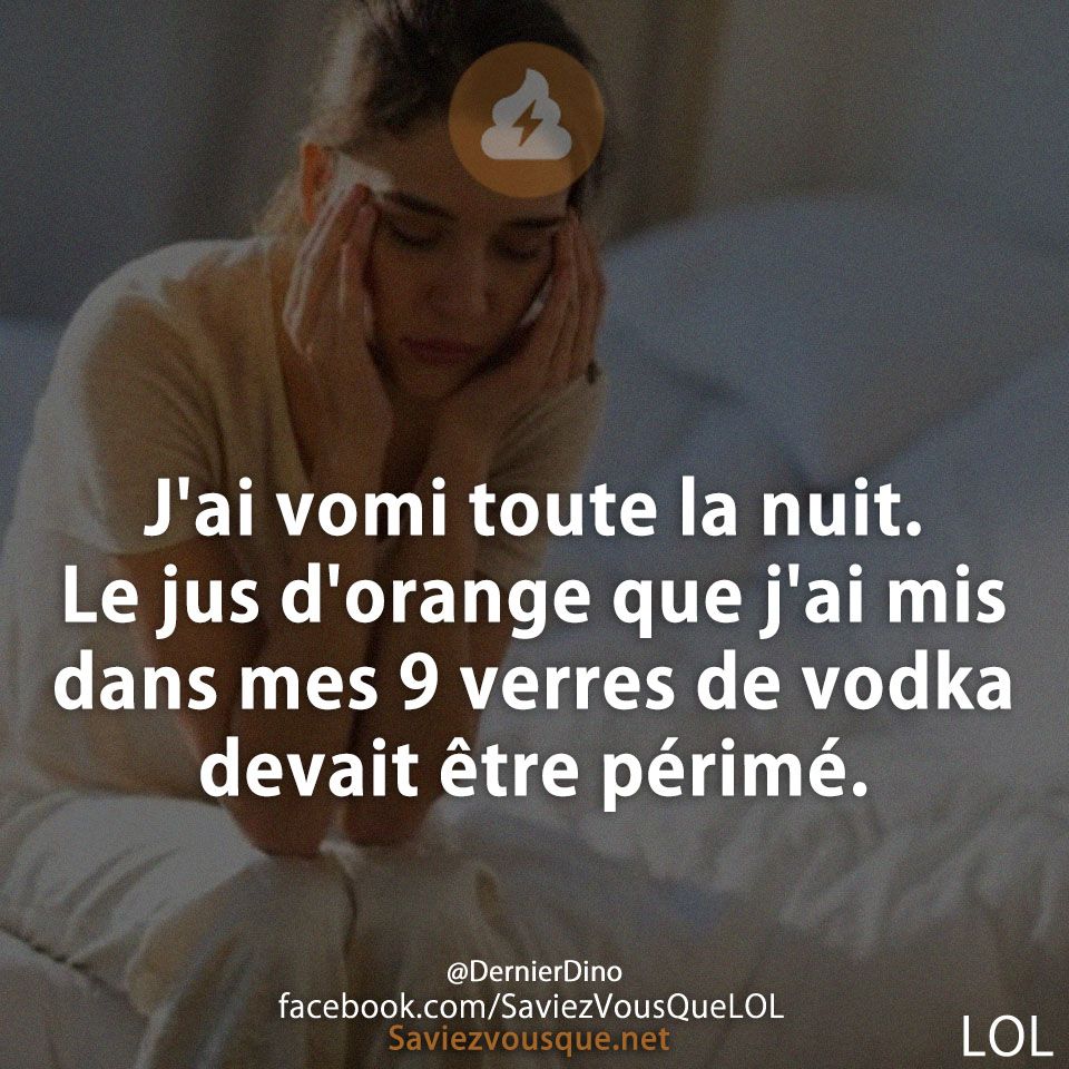 J&#039;ai vomi toute la nuit. Le jus d&#039;orange que j&#039;ai mis dans mes 9 verres de vodka devait être périmé.