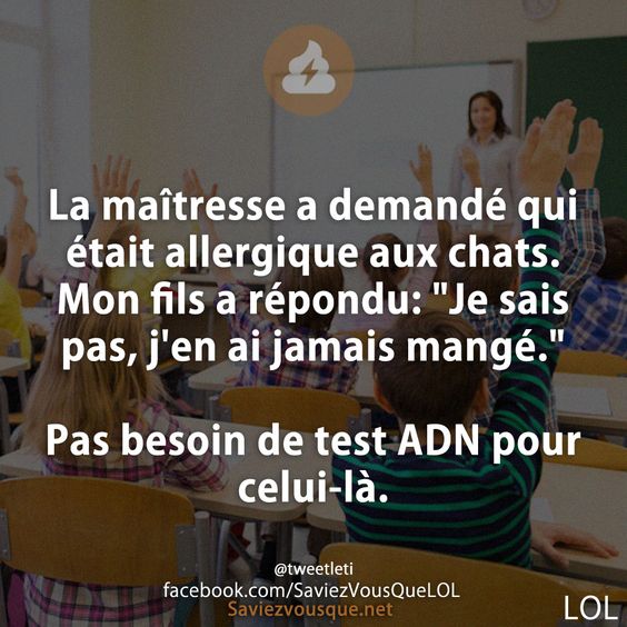 La maîtresse a demandé qui était allergique aux chats. Mon fils a répondu: &quot;Je sais pas, j&#039;en ai jamais mangé.&quot;  Pas besoin de test ADN pour celui-là.