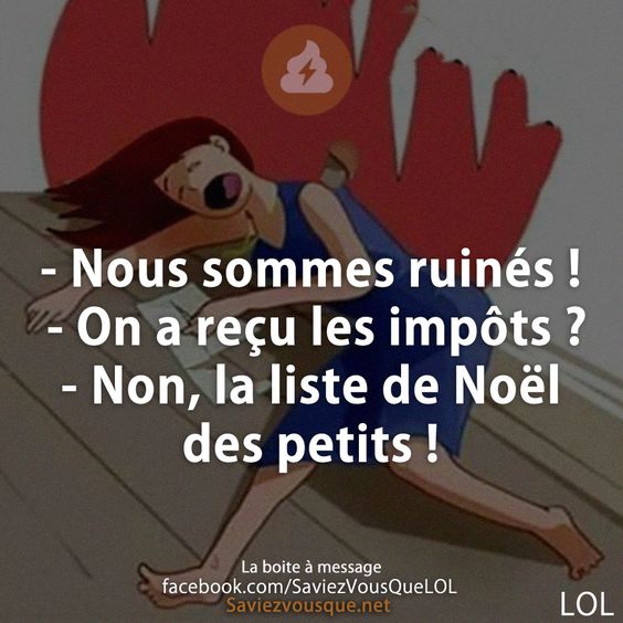 - Nous sommes ruinés ! On a reçu les impôts ?  - Non, la liste de Noël des petits !