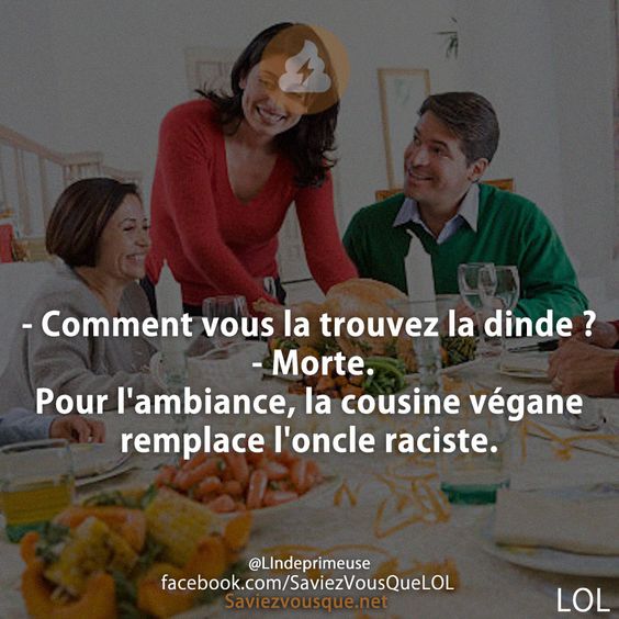 - Comment vous la trouvez la dinde ?  - Morte. Pour l&#039;ambiance, la cousine végane remplace l&#039;oncle raciste.