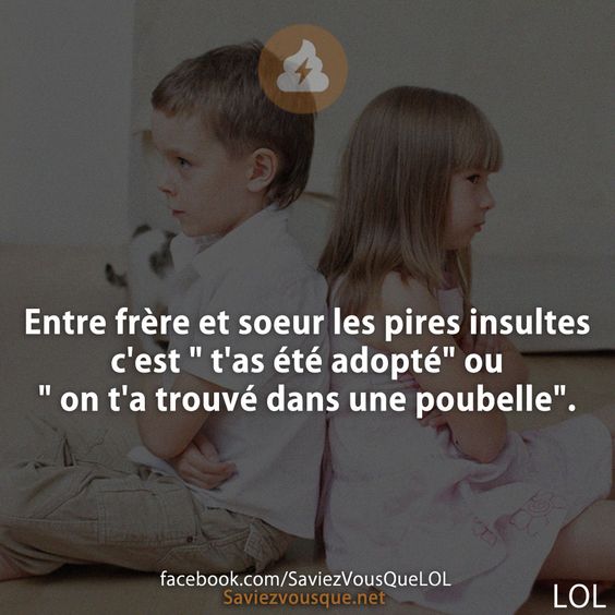 Entre frère et soeur les pires insultes c&#039;est &quot; t&#039;as été adopté&quot; ou &quot; on t&#039;a trouvé dans une poubelle&quot;.